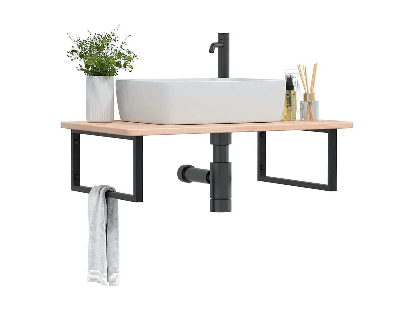 Meuble sous vasque murale acier et bois de chêne massif FR284856