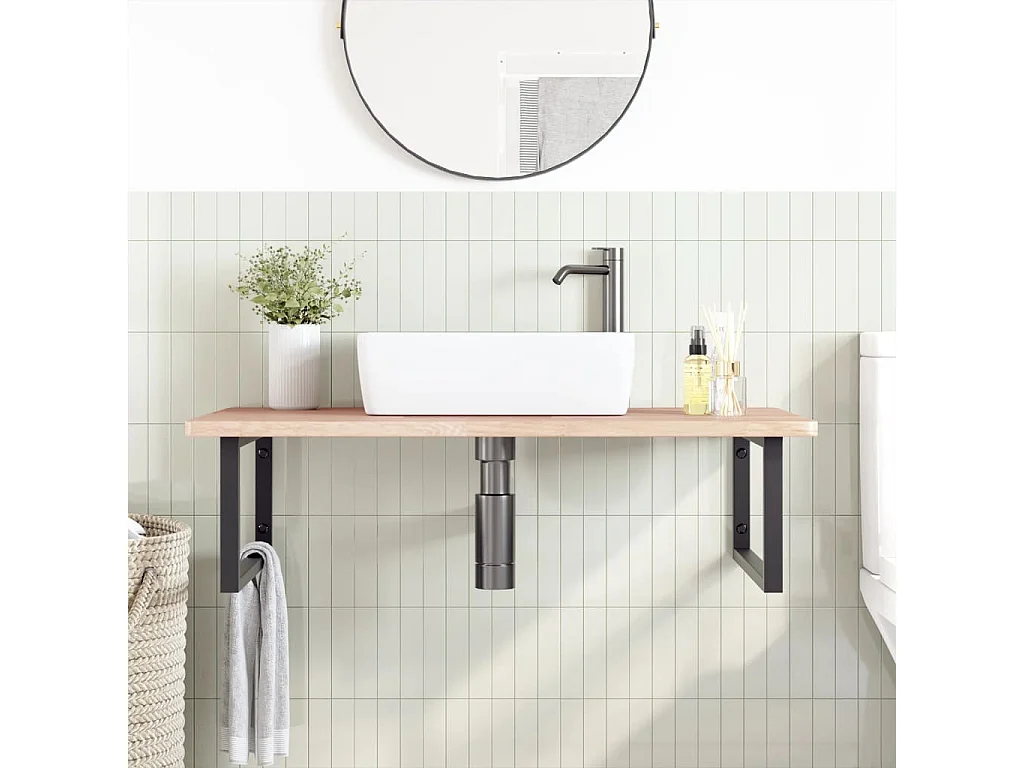 Meuble sous vasque murale acier et bois de chêne massif FR284856