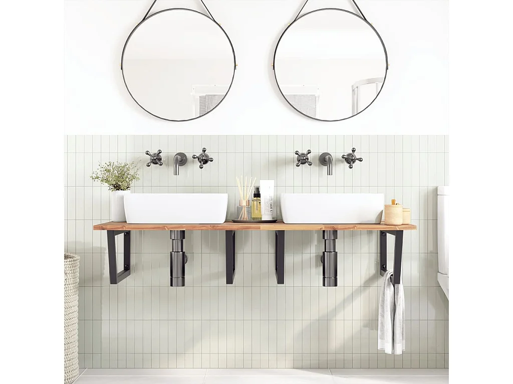 Meuble sous vasque murale acier et bois massif d'acacia FR129264