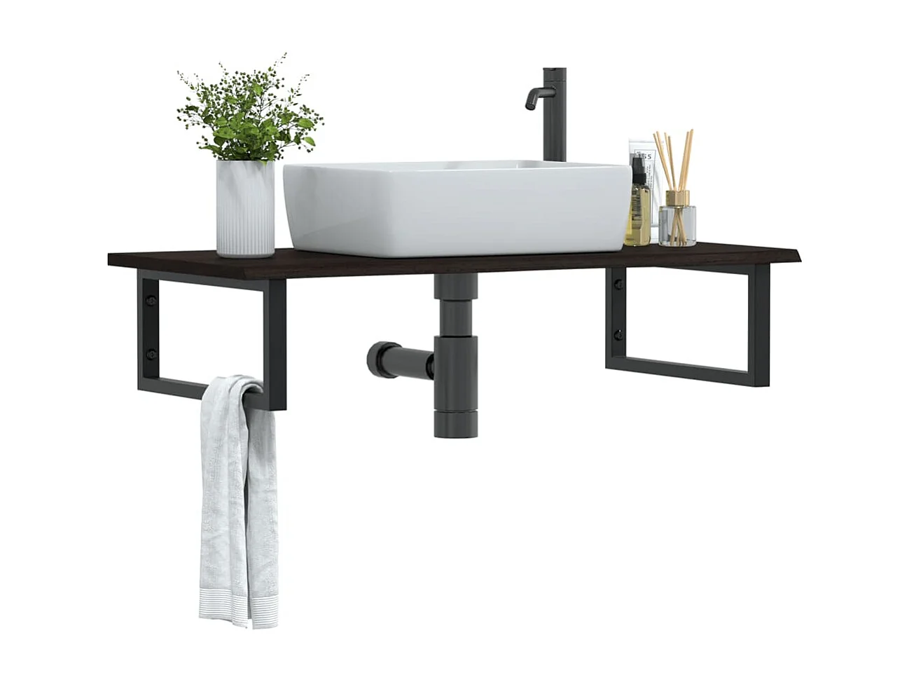 Estante de lavabo de pared de acero y madera maciza de roble ES214401