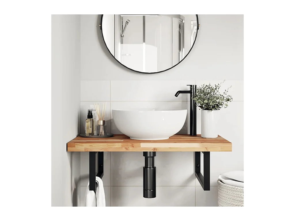 Meuble sous vasque murale acier et bois massif d'acacia FR651729