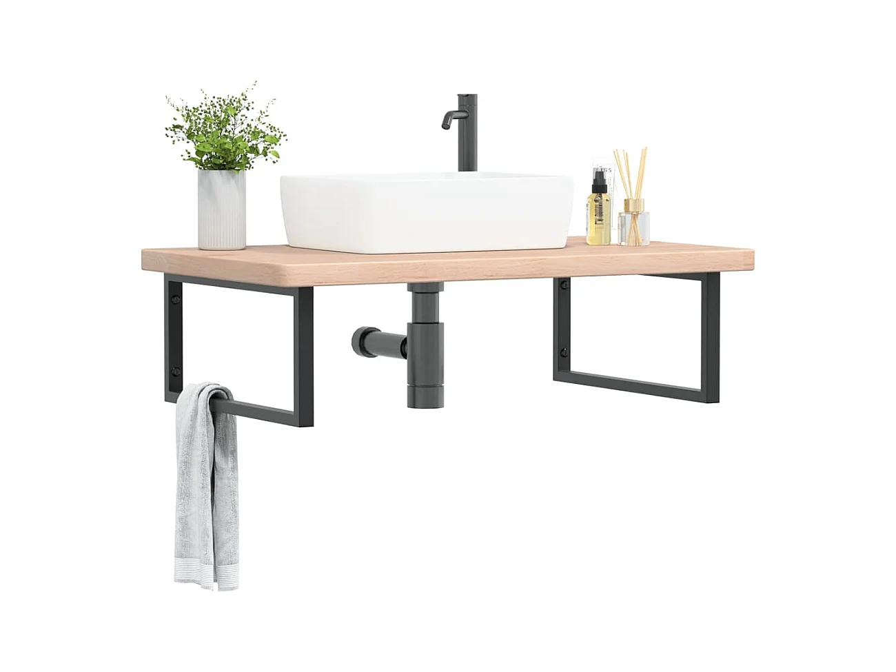 Estante de lavabo de pared de acero y madera maciza de roble ES492753