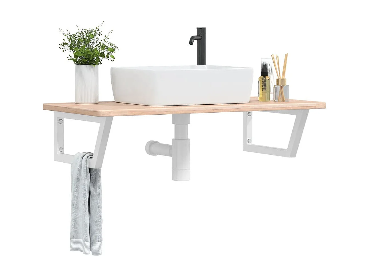 Estante de lavabo de pared de acero y madera maciza de roble ES327430