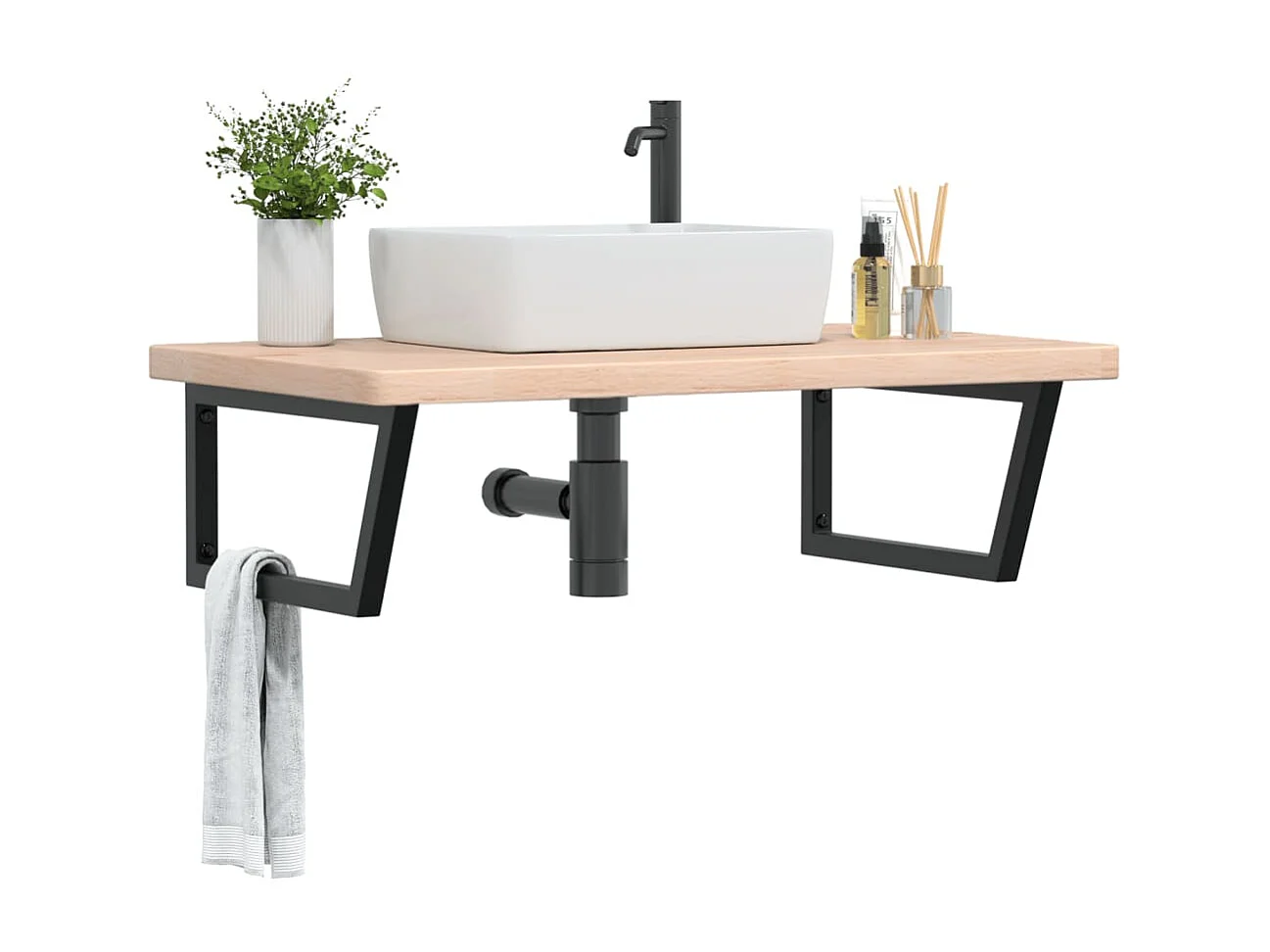 Meuble sous vasque murale acier et bois de chêne massif FR560916