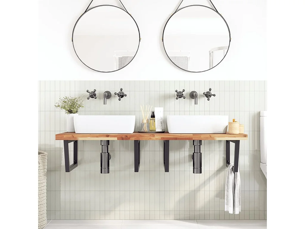 Meuble sous vasque murale acier et bois massif d'acacia FR498934