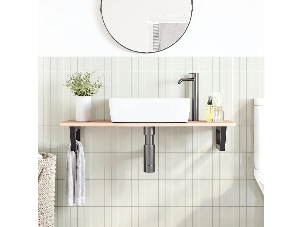 Estante de lavabo de pared de acero y madera maciza de roble ES881754