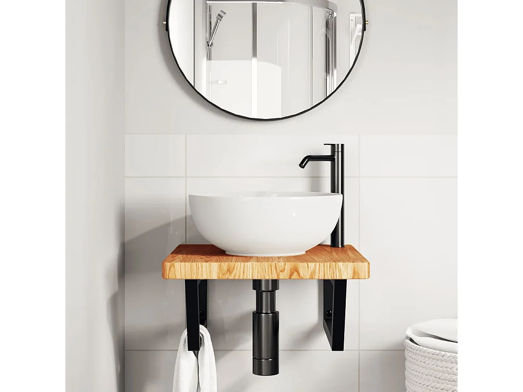 Meuble sous vasque murale acier et bois de chêne massif FR772220