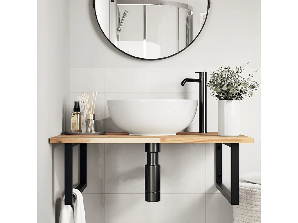 Meuble sous vasque murale acier et bois massif d'acacia FR739557