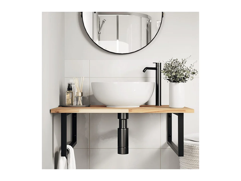 Estante de lavabo de pared acero y madera maciza de acacia ES808846