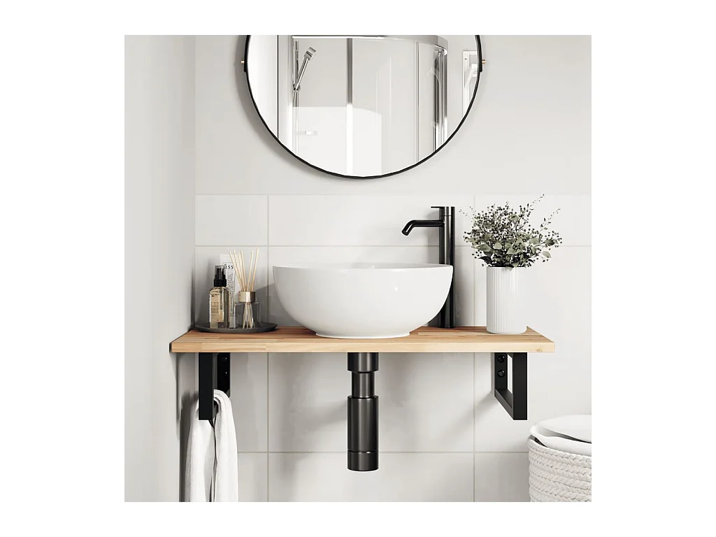 Meuble sous vasque murale acier et bois massif d'acacia FR481107
