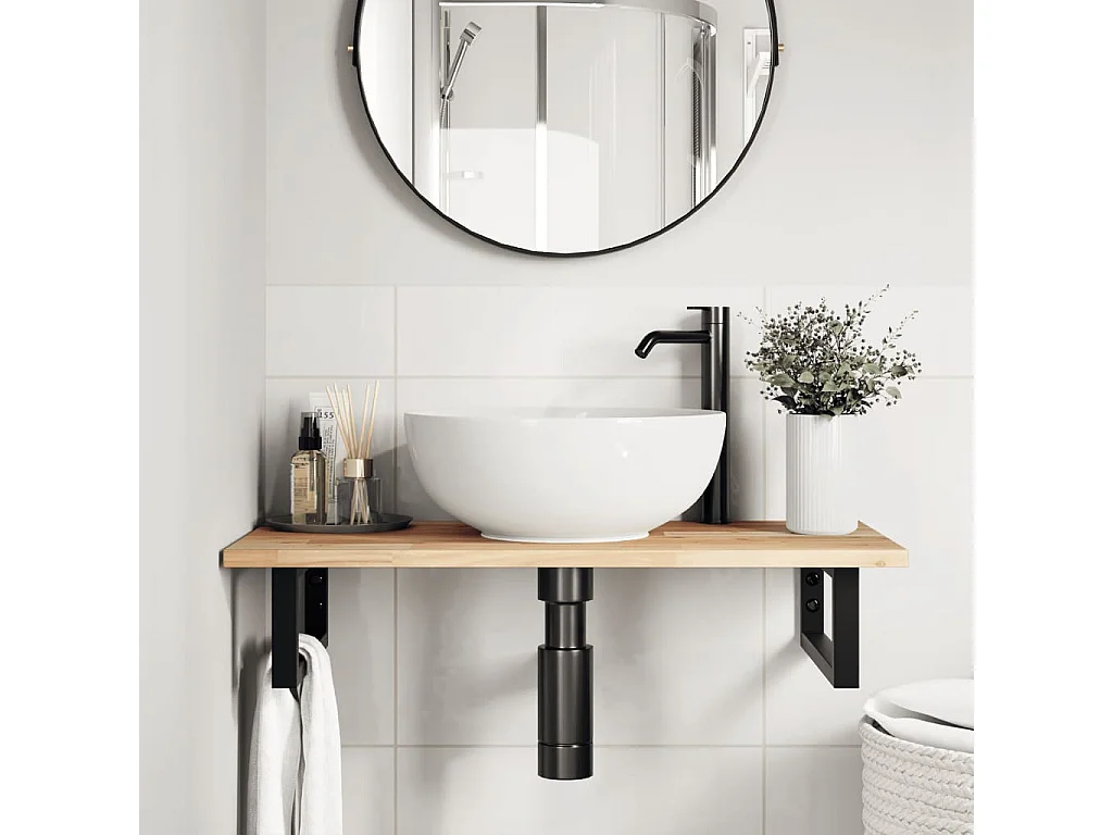 Meuble sous vasque murale acier et bois massif d'acacia FR481107