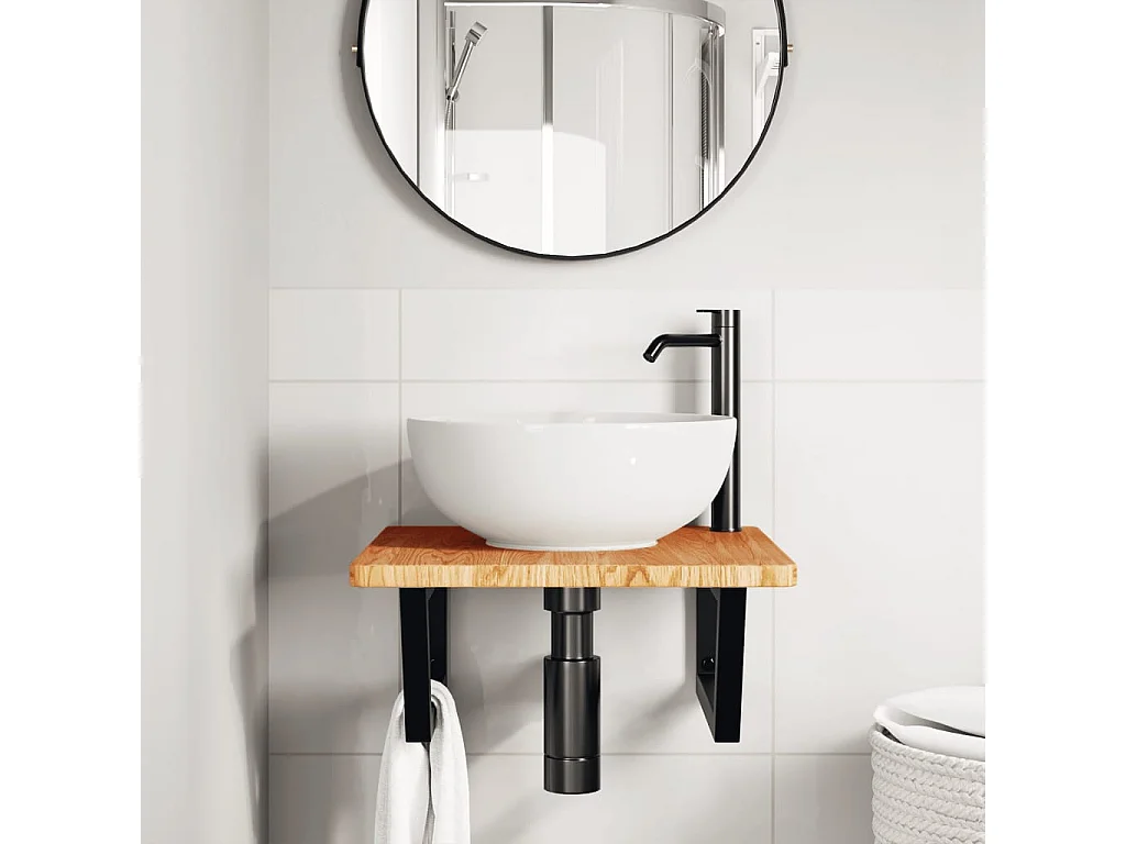 Meuble sous vasque murale acier et bois de chêne massif FR354833