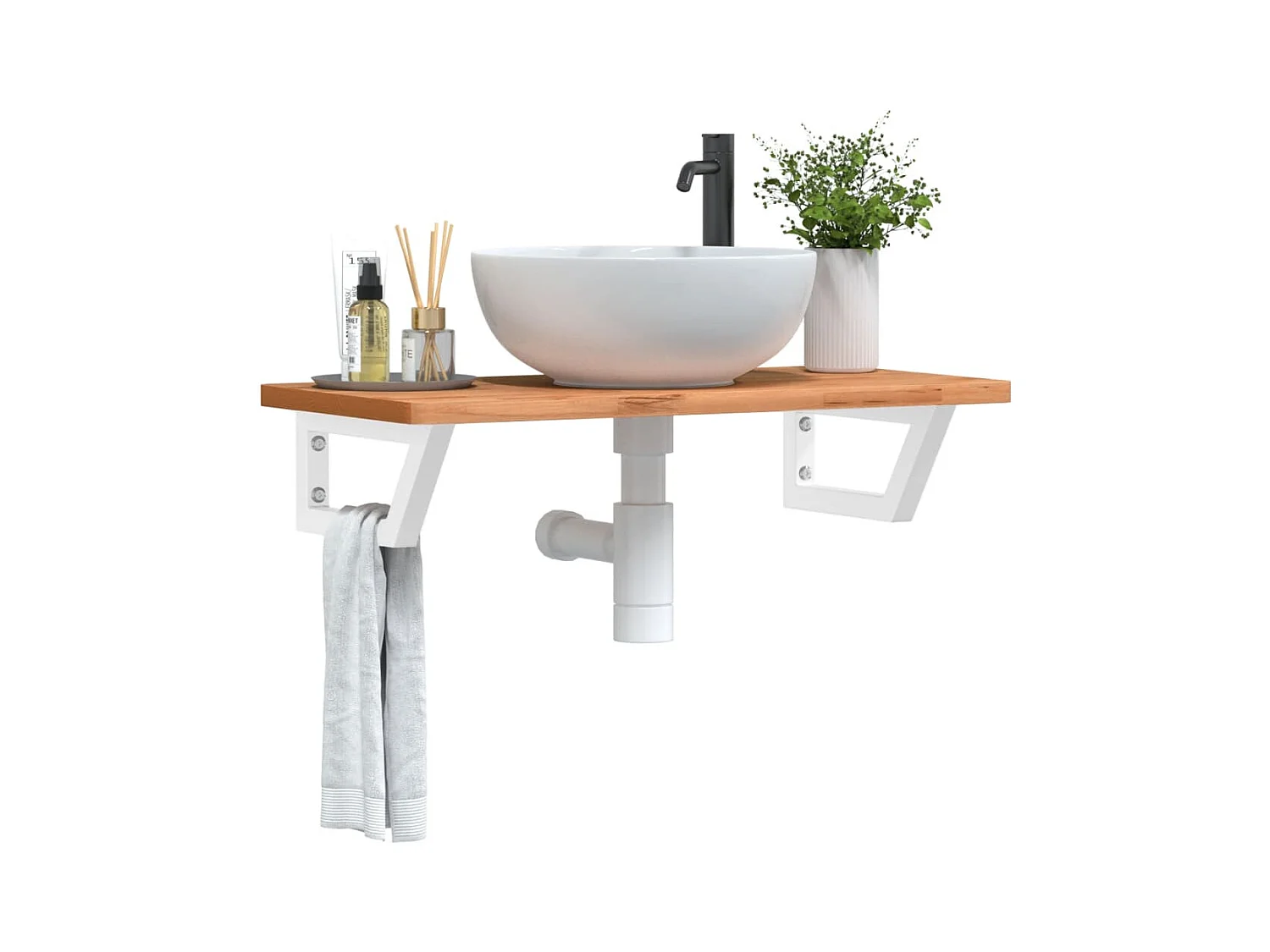 Estante de lavabo de pared de acero y madera maciza de haya ES397773