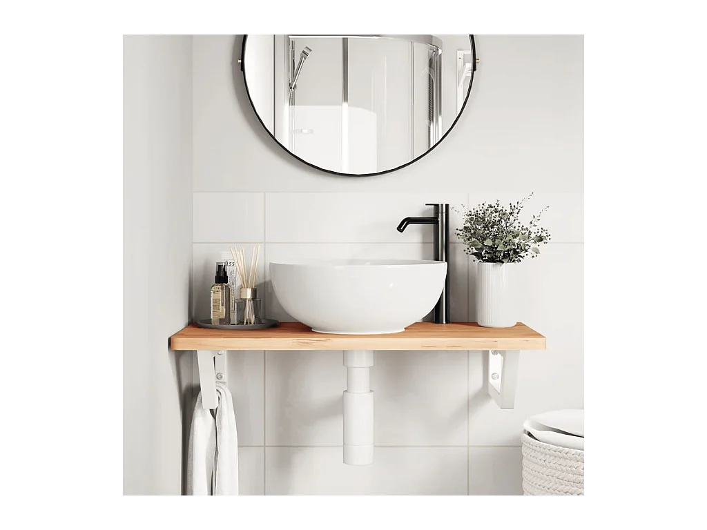 Estante de lavabo de pared de acero y madera maciza de haya ES397773