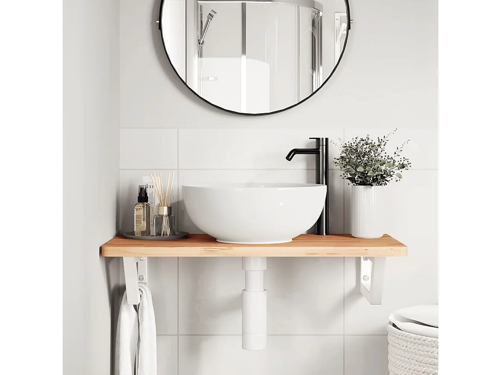 Estante de lavabo de pared de acero y madera maciza de haya ES397773