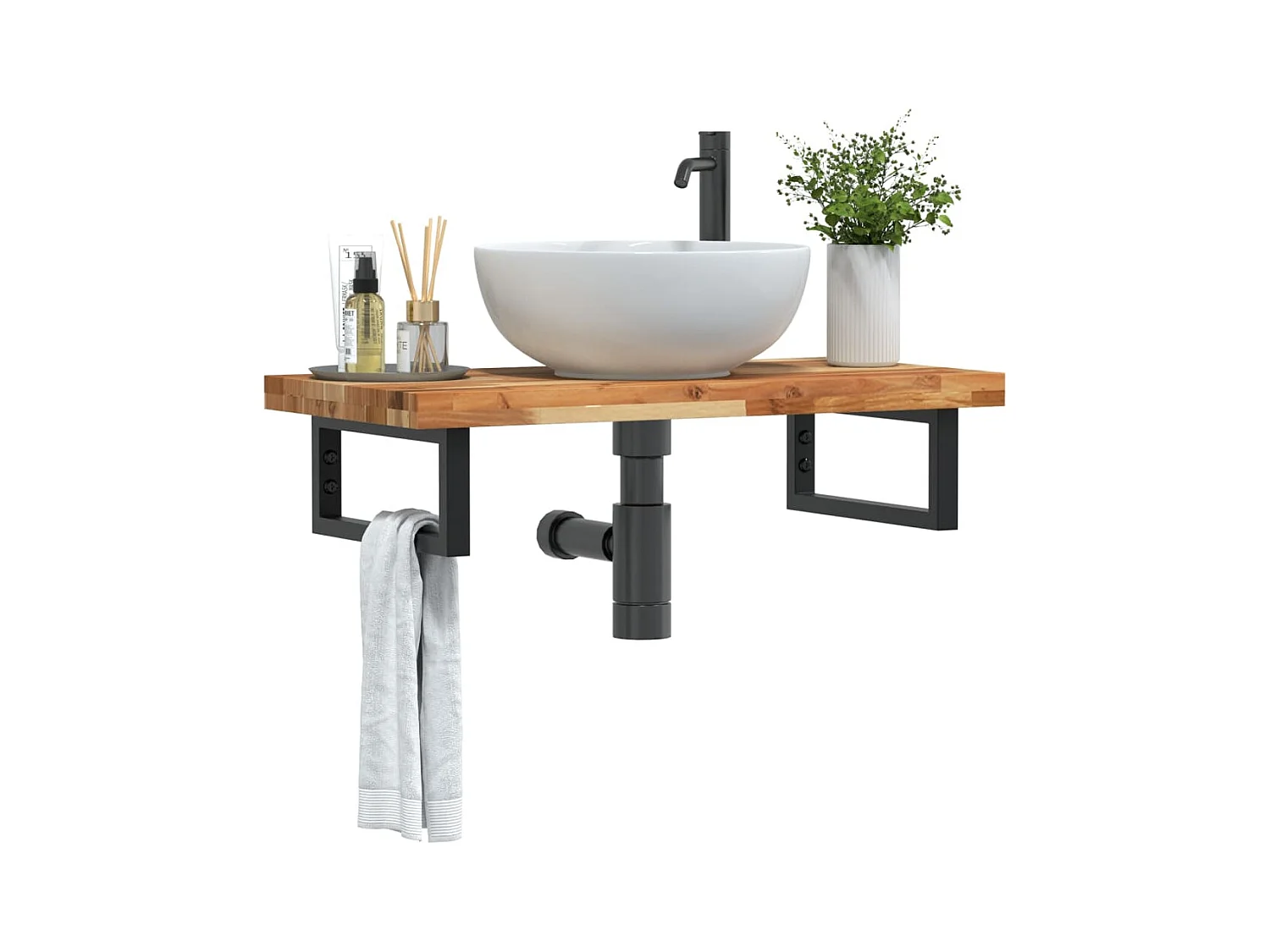 Meuble sous vasque murale acier et bois massif d'acacia FR570663