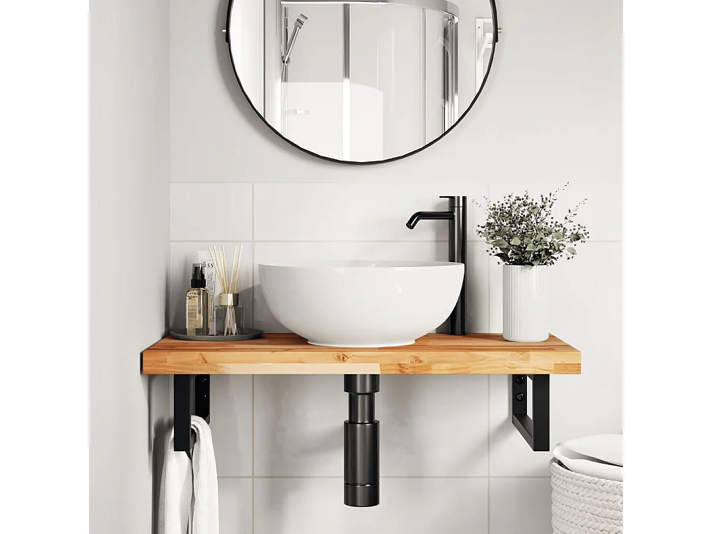 Meuble sous vasque murale acier et bois massif d'acacia FR570663