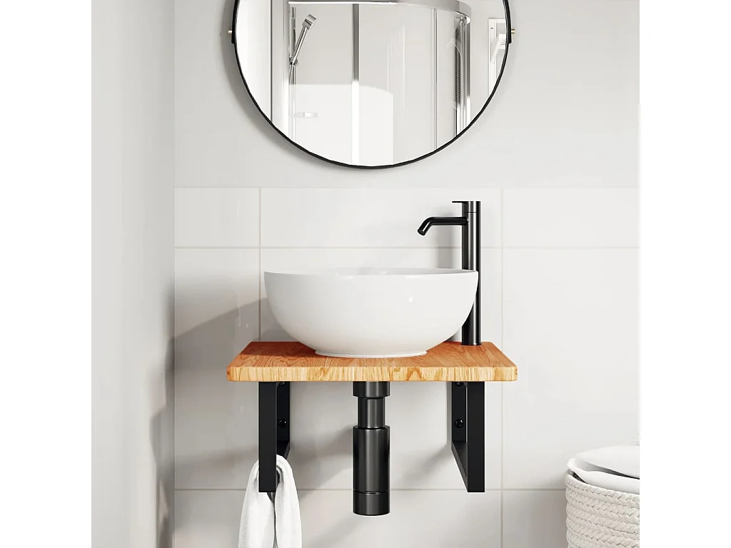 Meuble sous vasque murale acier et bois de chêne massif FR401344