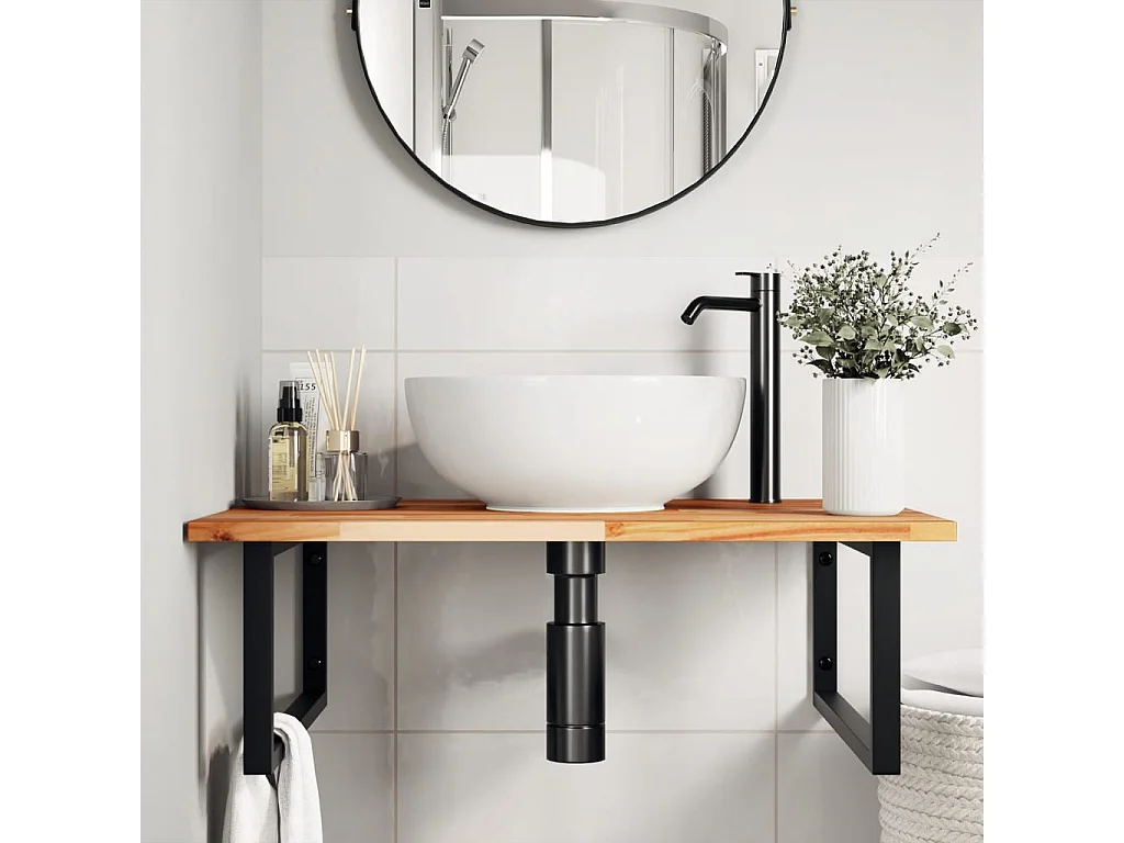 Meuble sous vasque murale acier et bois massif d'acacia FR918171