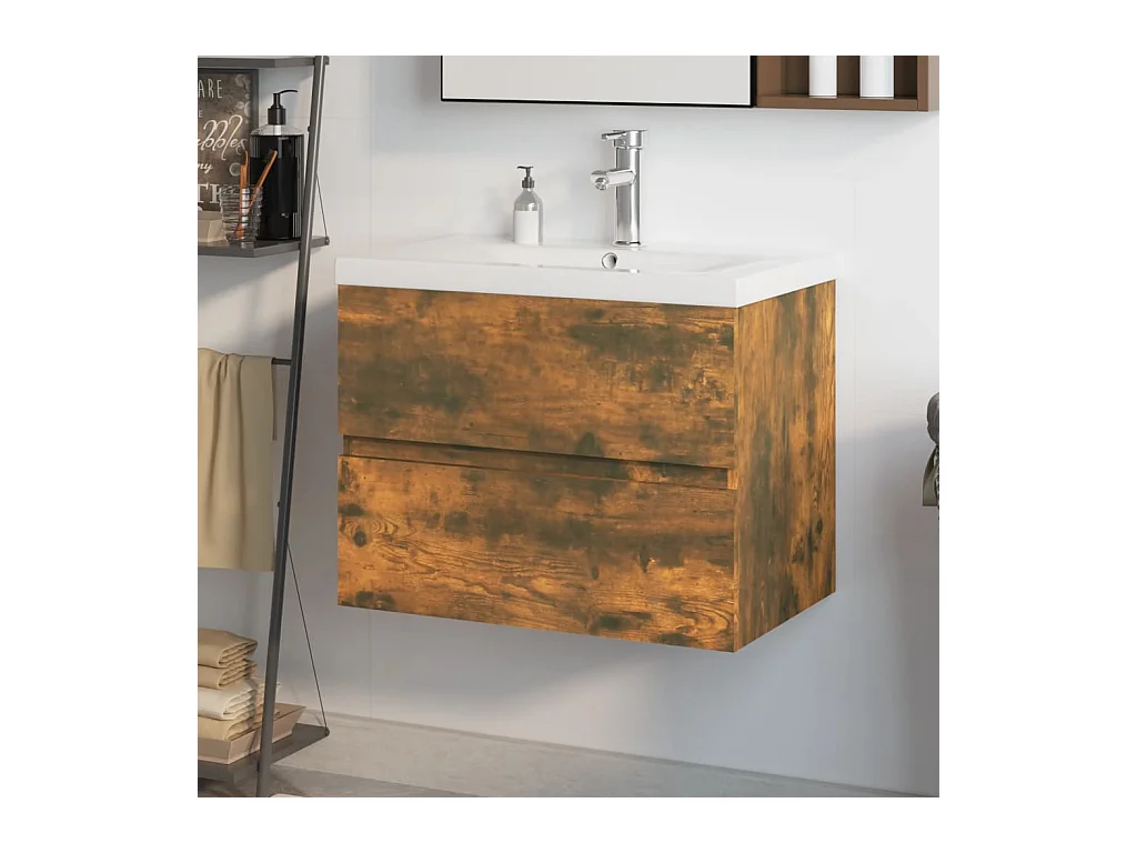 Meuble lavabo + Vasque intégré Chêne fumé Bois d'ingénierie FR994930