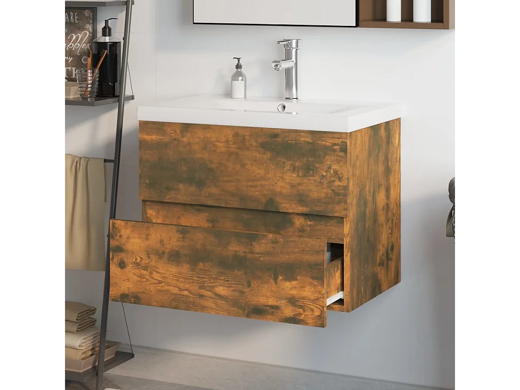 Meuble lavabo + Vasque intégré Chêne fumé Bois d'ingénierie FR994930