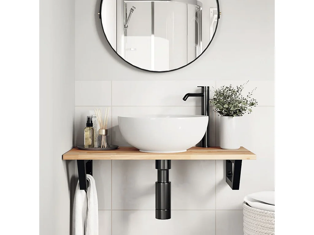 Meuble sous vasque murale acier et bois massif d'acacia FR300244