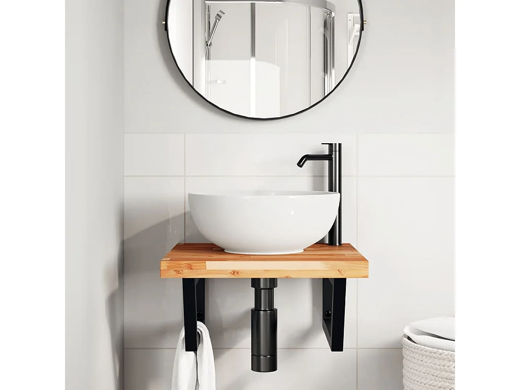 Meuble sous vasque murale acier et bois massif d'acacia FR795978