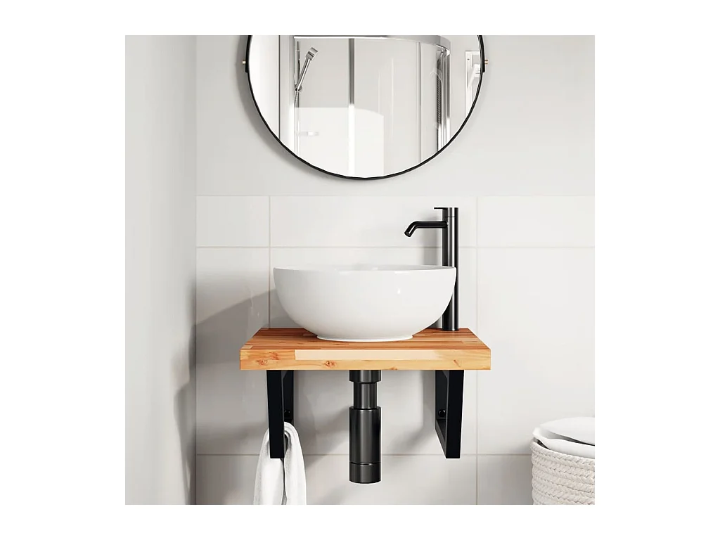 Meuble sous vasque murale acier et bois massif d'acacia FR795978