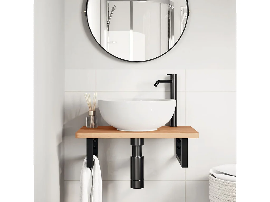 Meuble sous vasque murale acier et bois massif de hêtre FR406940