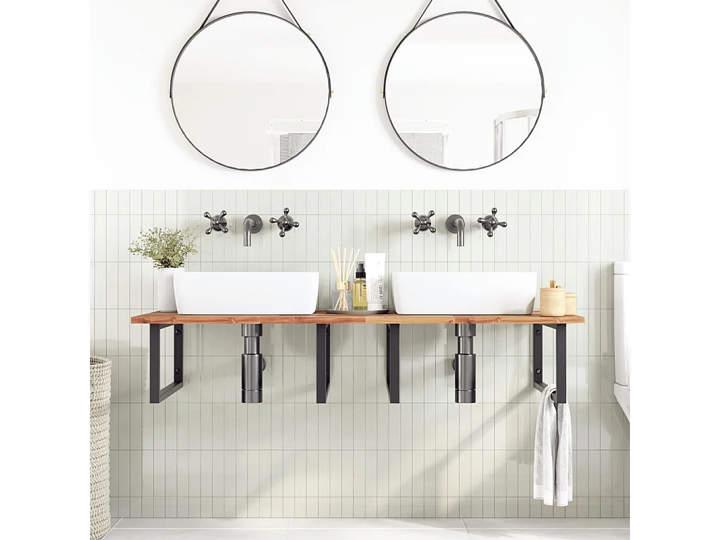 Meuble sous vasque murale acier et bois massif d'acacia FR353897