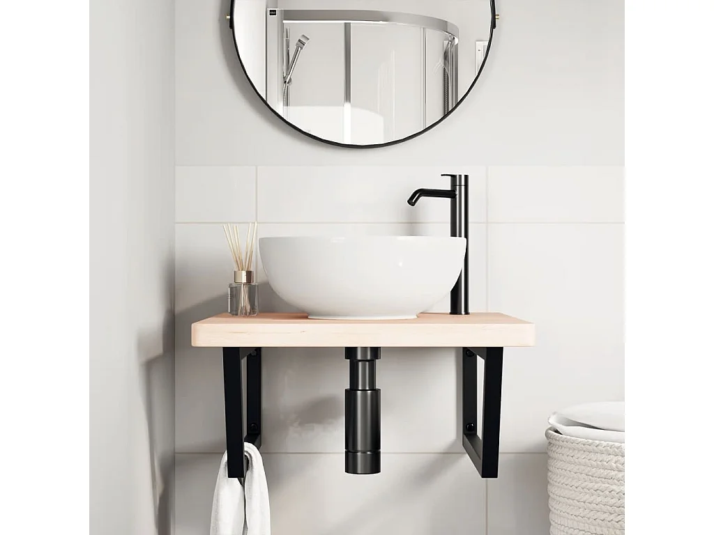 Meuble sous vasque murale acier et bois de chêne massif FR930702