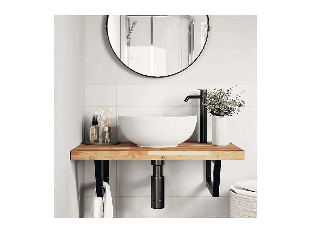 Meuble sous vasque murale acier et bois massif d'acacia FR485977