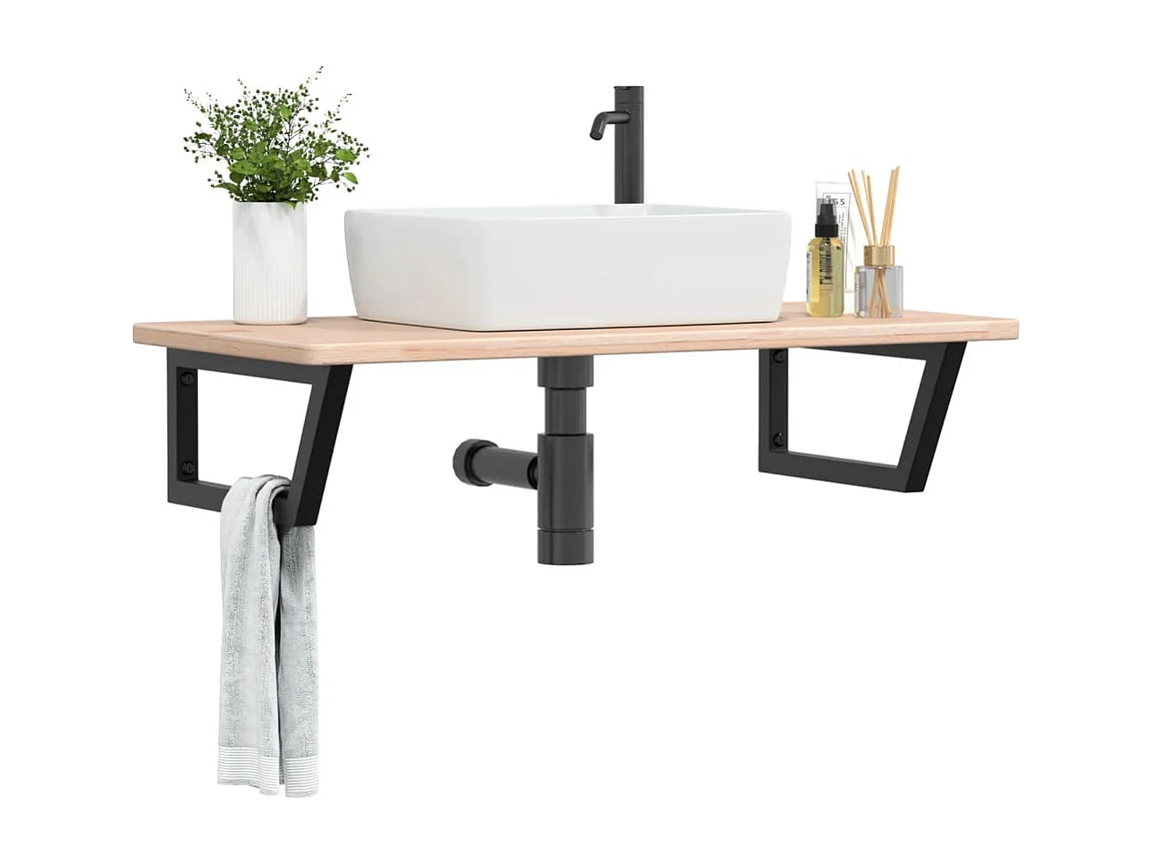 Meuble sous vasque murale acier et bois de chêne massif FR430551