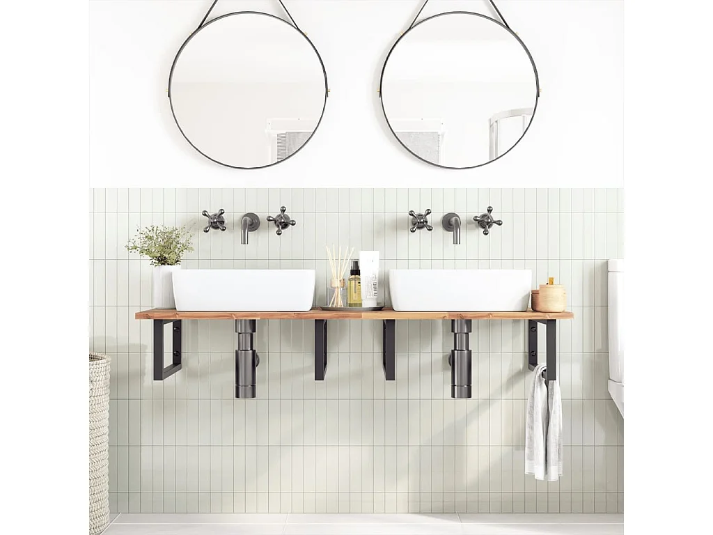 Meuble sous vasque murale acier et bois massif d'acacia FR961052