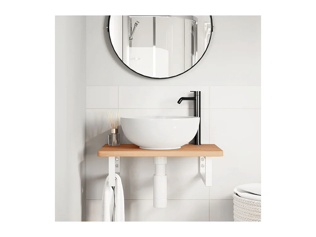 Estante de lavabo de pared de acero y madera maciza de haya ES724449