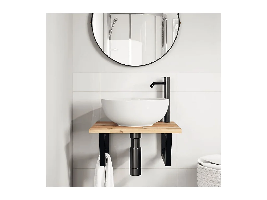 Meuble sous vasque murale acier et bois massif d'acacia FR933451