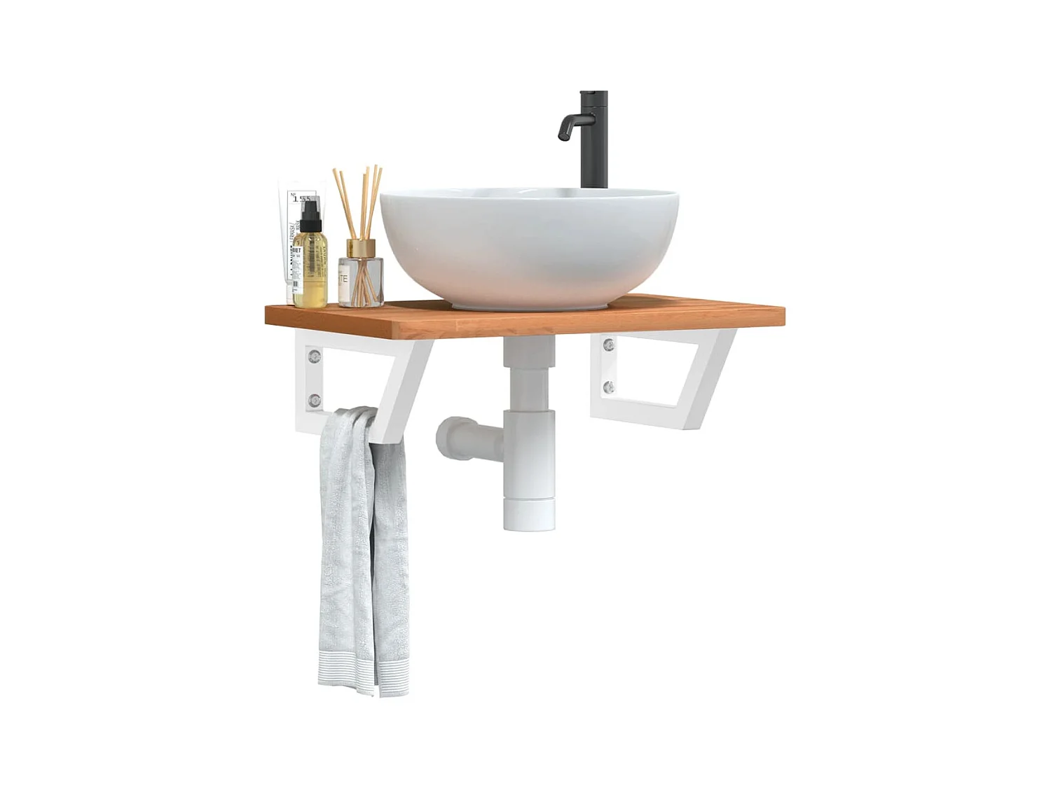 Estante de lavabo de pared de acero y madera maciza de haya ES239988