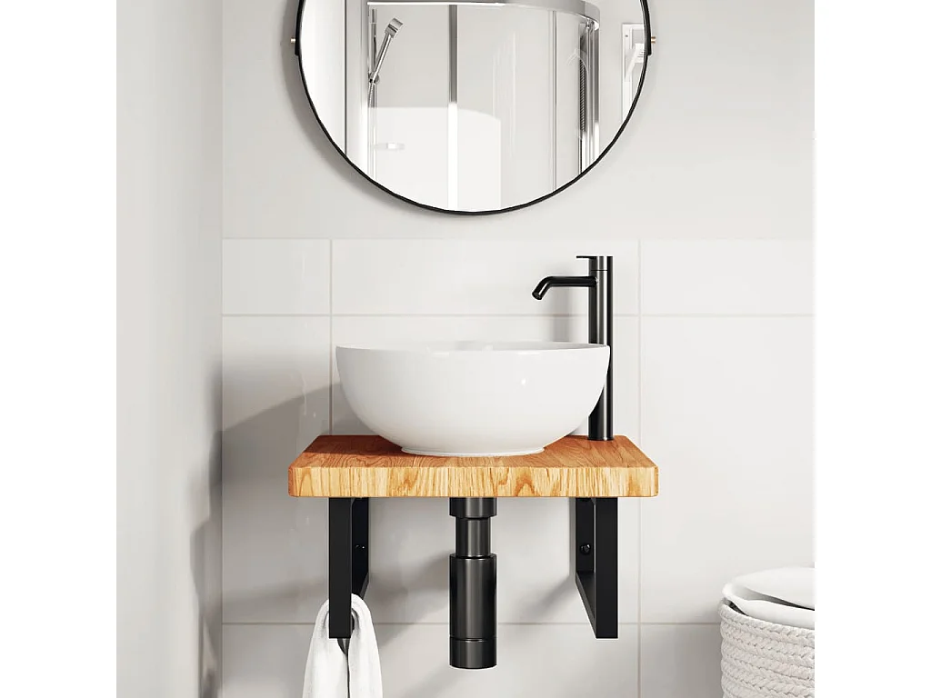 Meuble sous vasque murale acier et bois de chêne massif FR259220