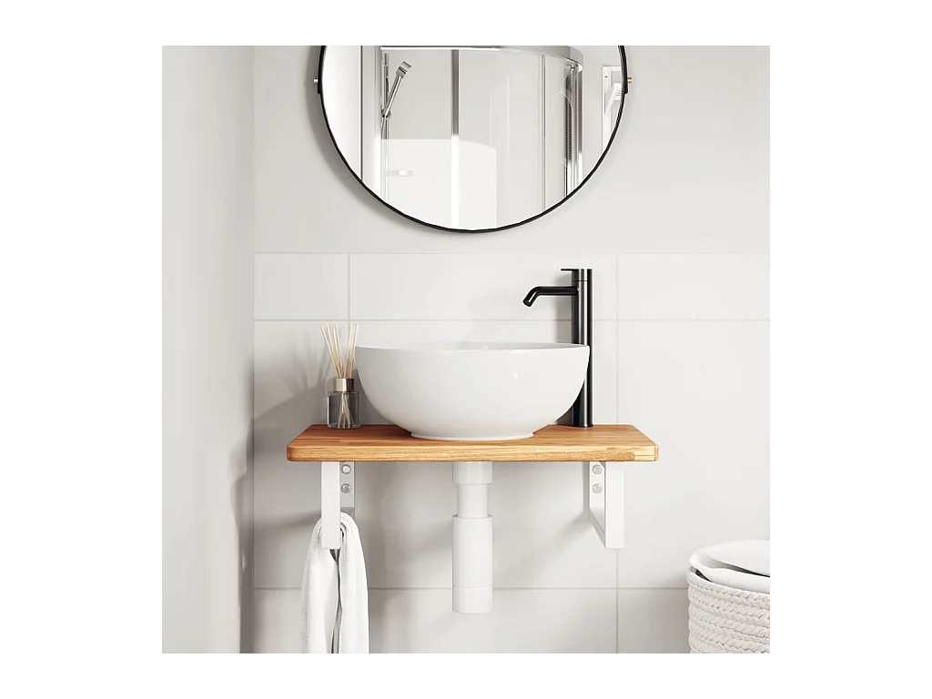 Estante de lavabo de pared de acero y madera maciza de roble ES418563