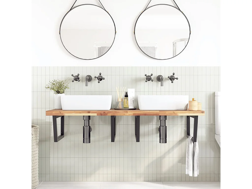 Meuble sous vasque murale acier et bois massif d'acacia FR423689