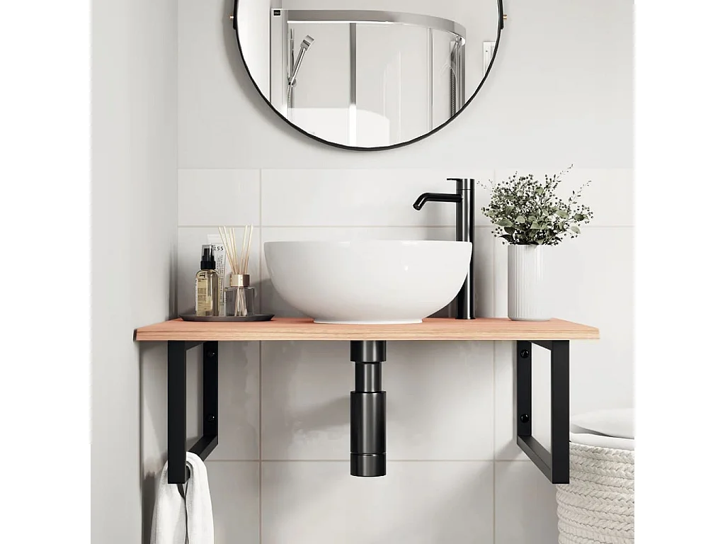 Meuble sous vasque murale acier et bois de chêne massif FR628349