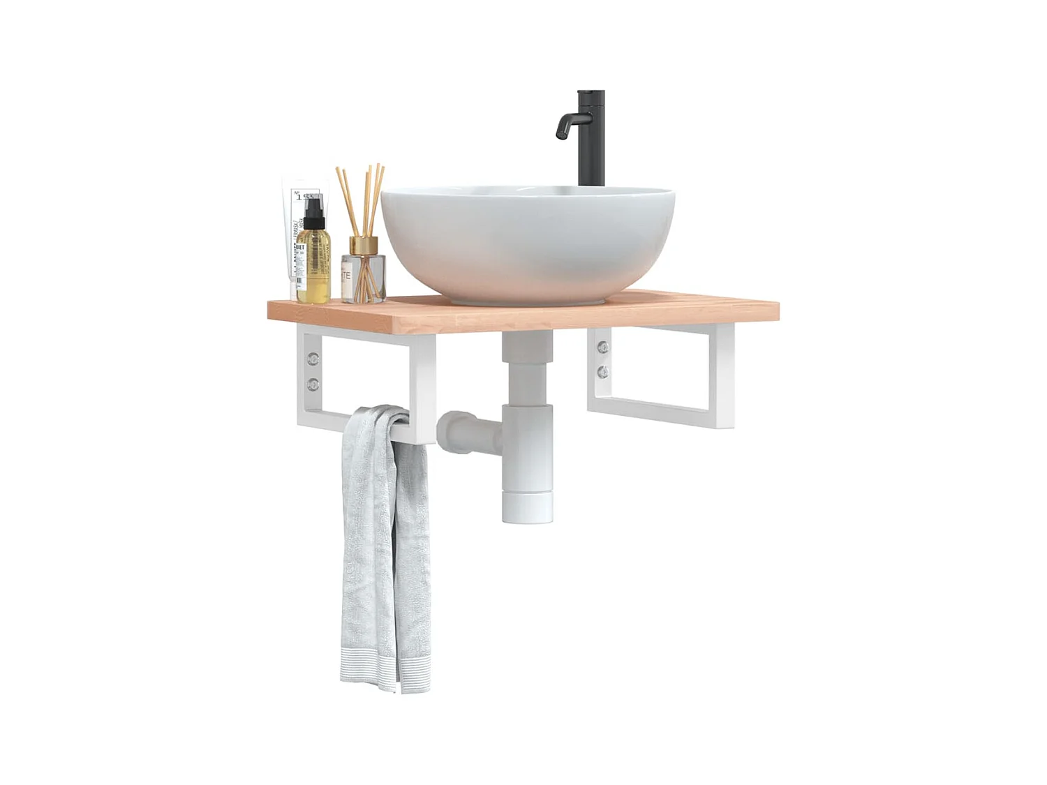 Estante de lavabo de pared de acero y madera maciza de haya ES821463