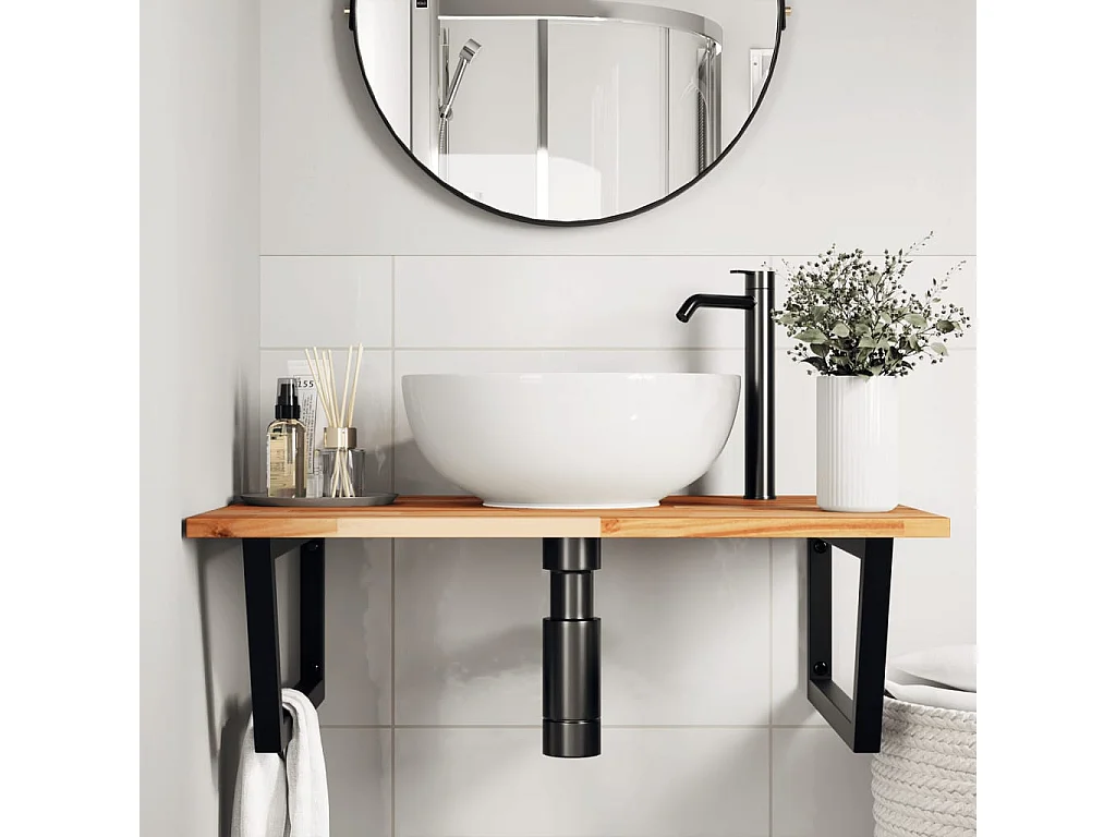 Meuble sous vasque murale acier et bois massif d'acacia FR213287