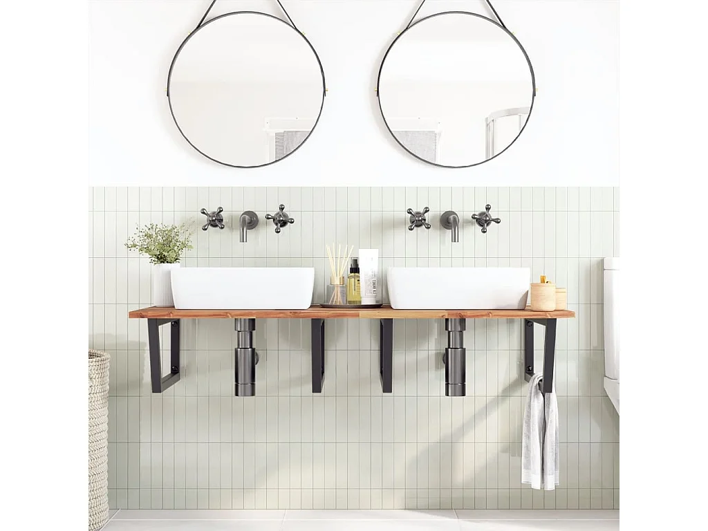 Meuble sous vasque murale acier et bois massif d'acacia FR423921