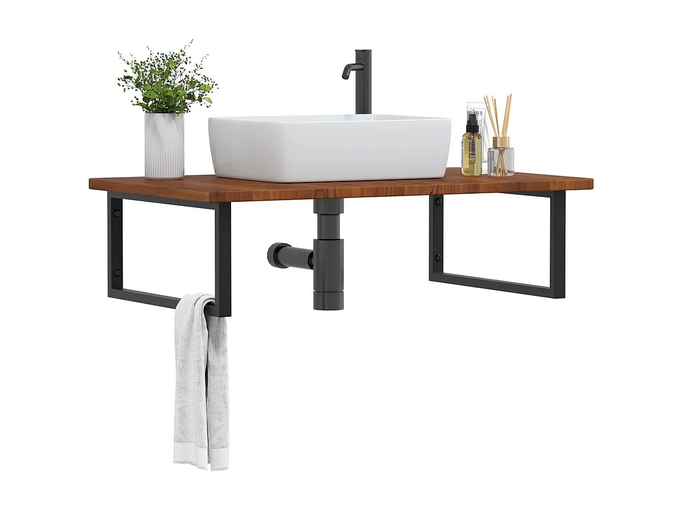 Meuble sous vasque murale acier et bois de chêne massif FR865846