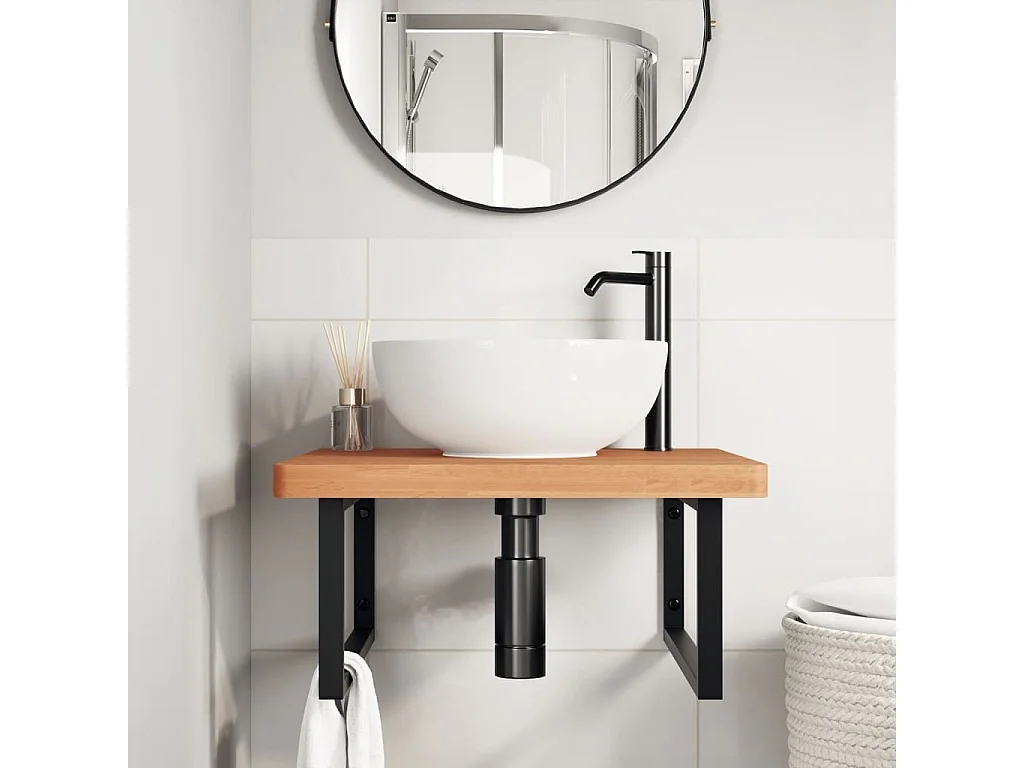 Meuble sous vasque murale acier et bois massif de hêtre FR498401