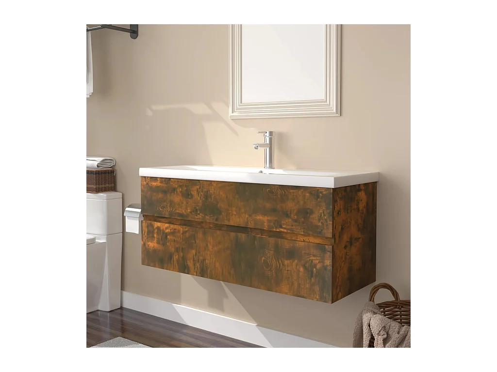 Meuble lavabo + Vasque intégré Chêne fumé Bois d'ingénierie FR628903
