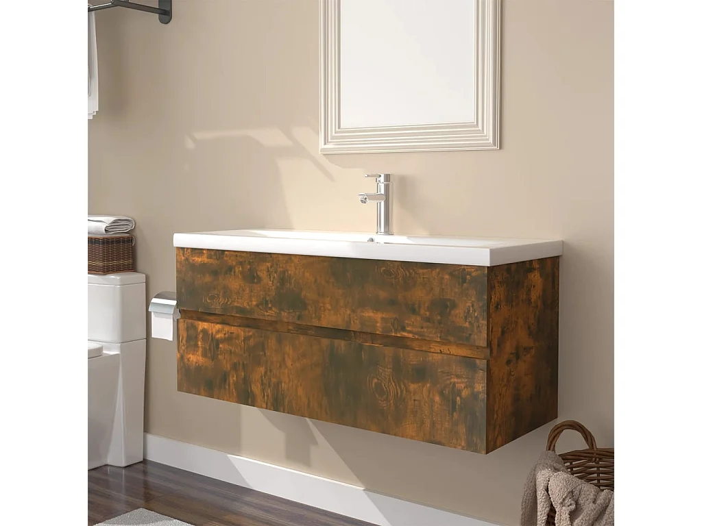 Meuble lavabo + Vasque intégré Chêne fumé Bois d'ingénierie FR628903