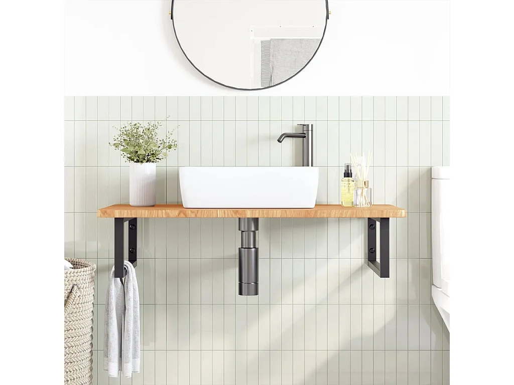 Meuble sous vasque murale acier et bois de chêne massif FR849582