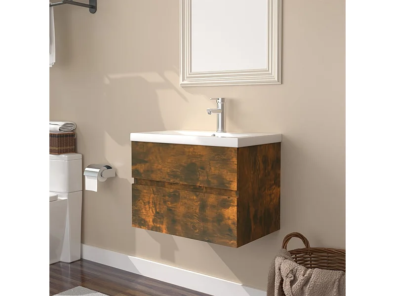 Meuble lavabo + Vasque intégré Chêne fumé Bois d'ingénierie FR363608